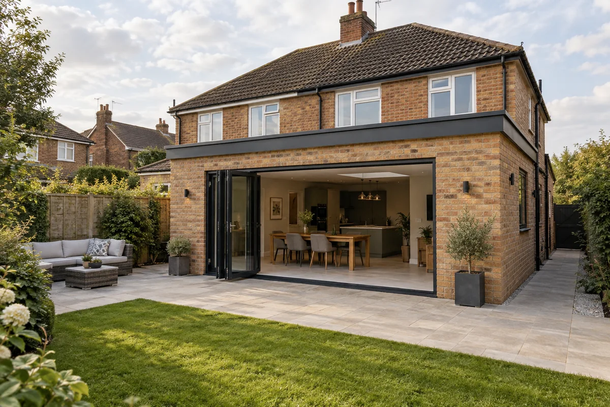 Illustrative brick home extension with bifold doors and a garden