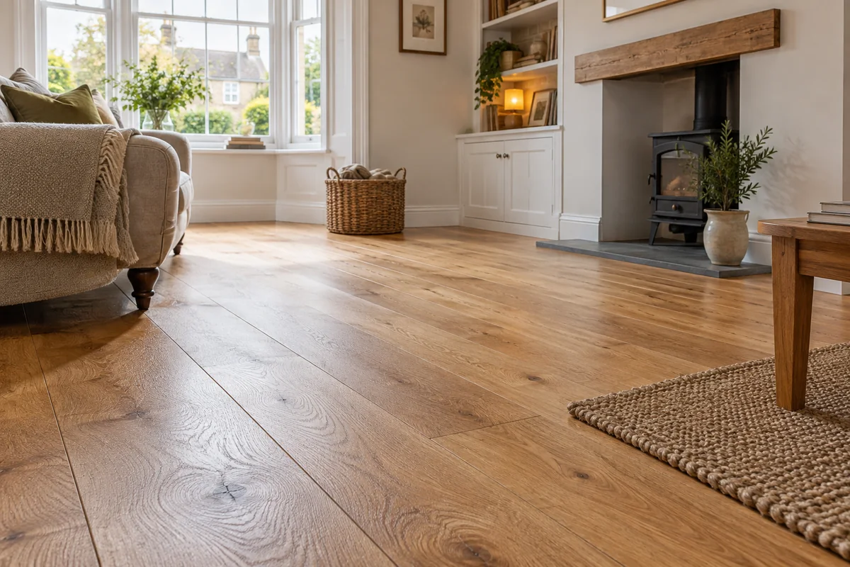 Illustrative oak flooring with neat skirting boards