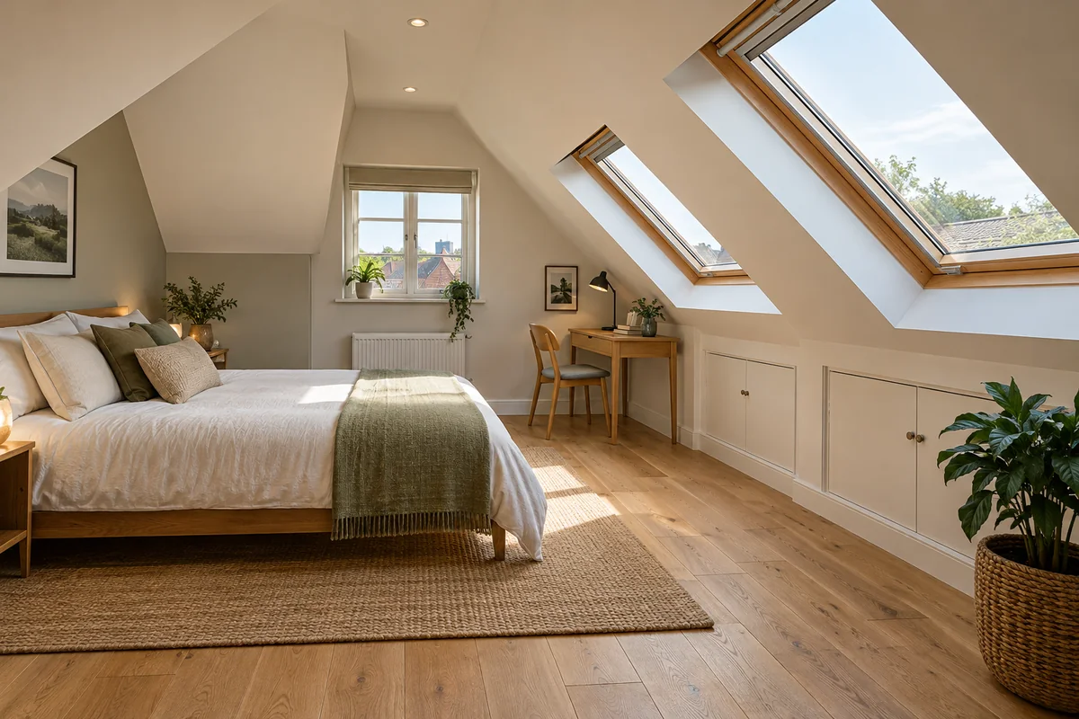 Illustrative finished loft room with roof windows and an oak floor
