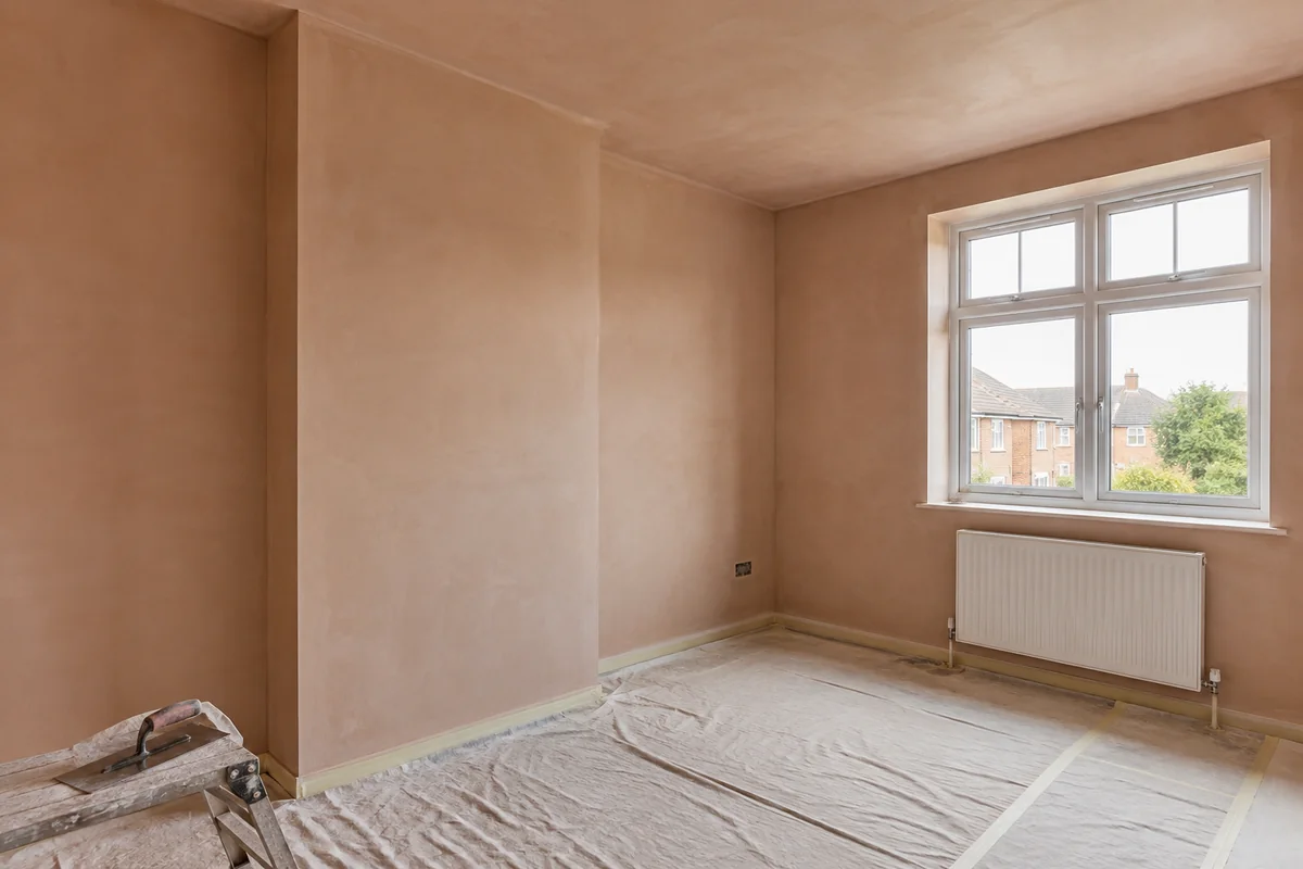 Illustrative freshly plastered room ready for decorating