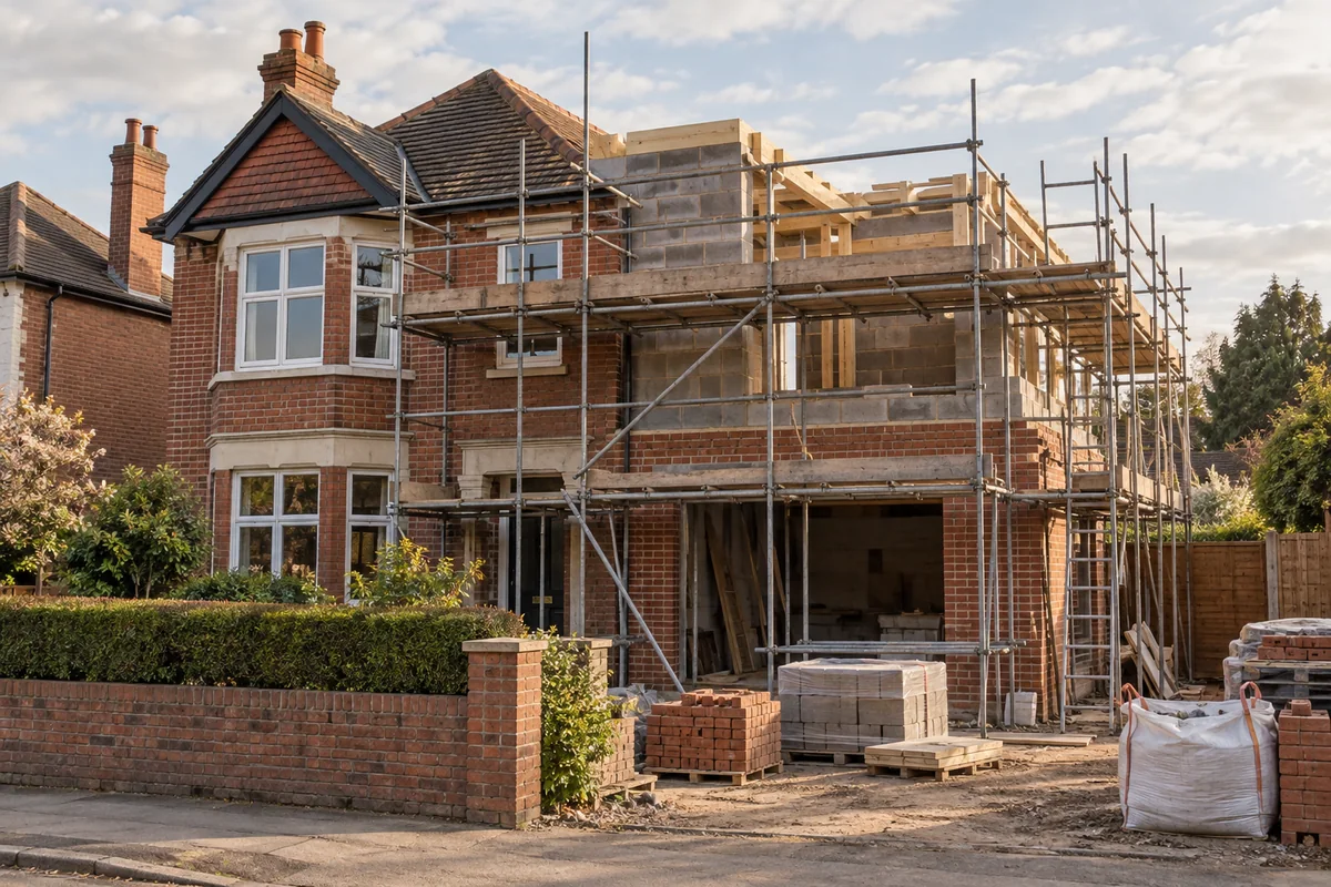 Illustrative British house rebuild with new masonry and scaffolding