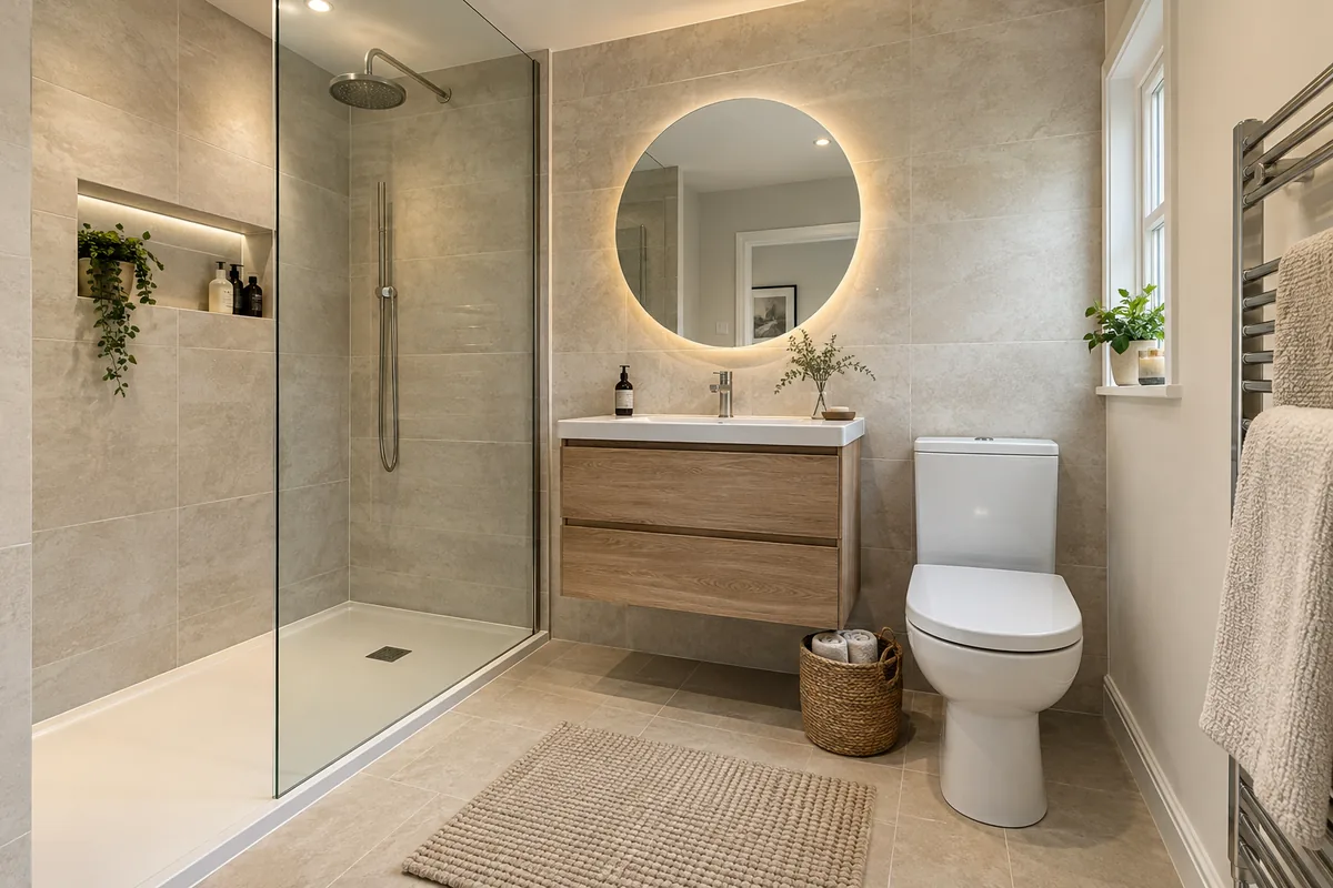 Illustrative bathroom with a walk-in shower, floating vanity and warm neutral finishes