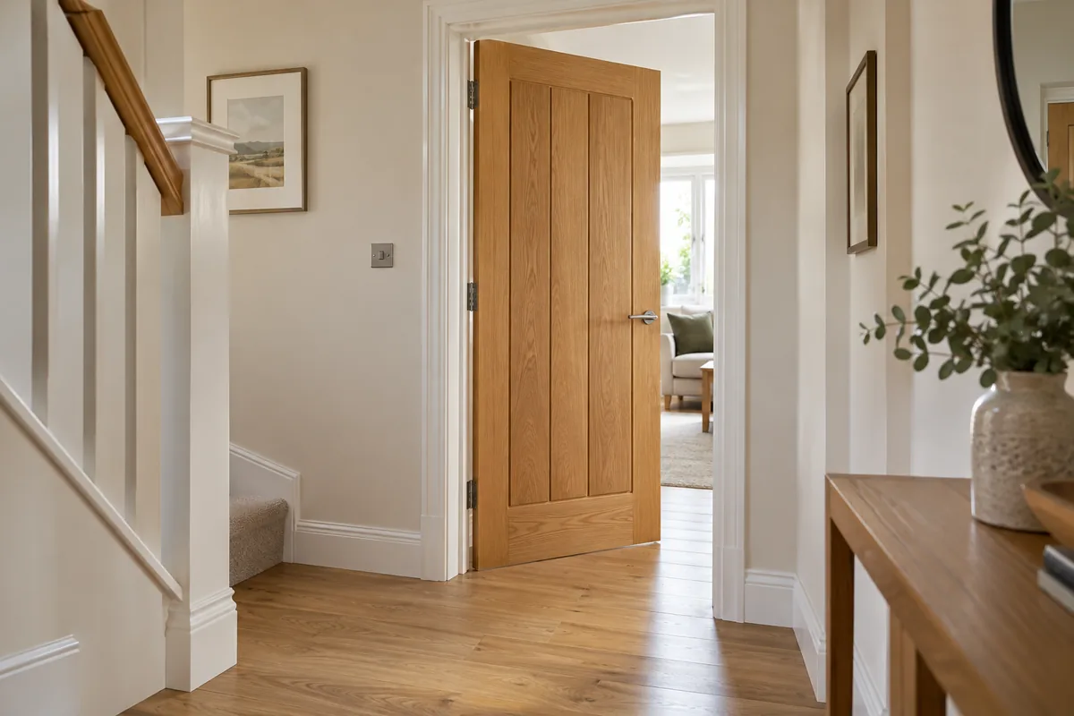 Illustrative fitted oak internal door with a brushed-metal handle and white architrave