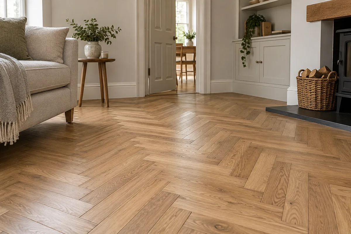 Illustrative herringbone flooring with neat skirting boards in a neutral room