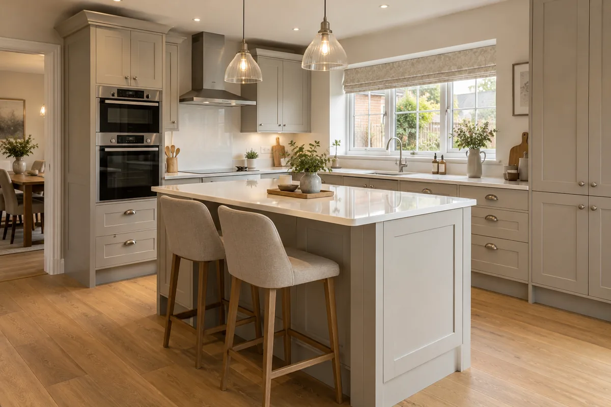 Illustrative refurbished kitchen with light cabinetry, a breakfast island and garden-facing doors