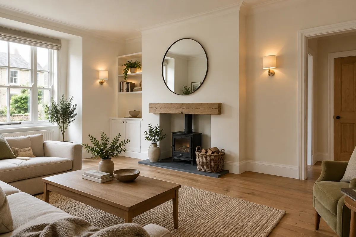 Illustrative smooth walls and ceiling in a finished neutral room