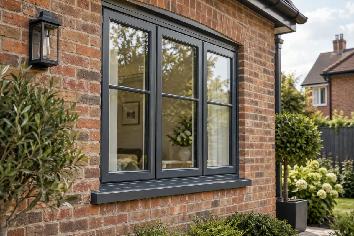Illustrative charcoal casement window fitted into a British red-brick house