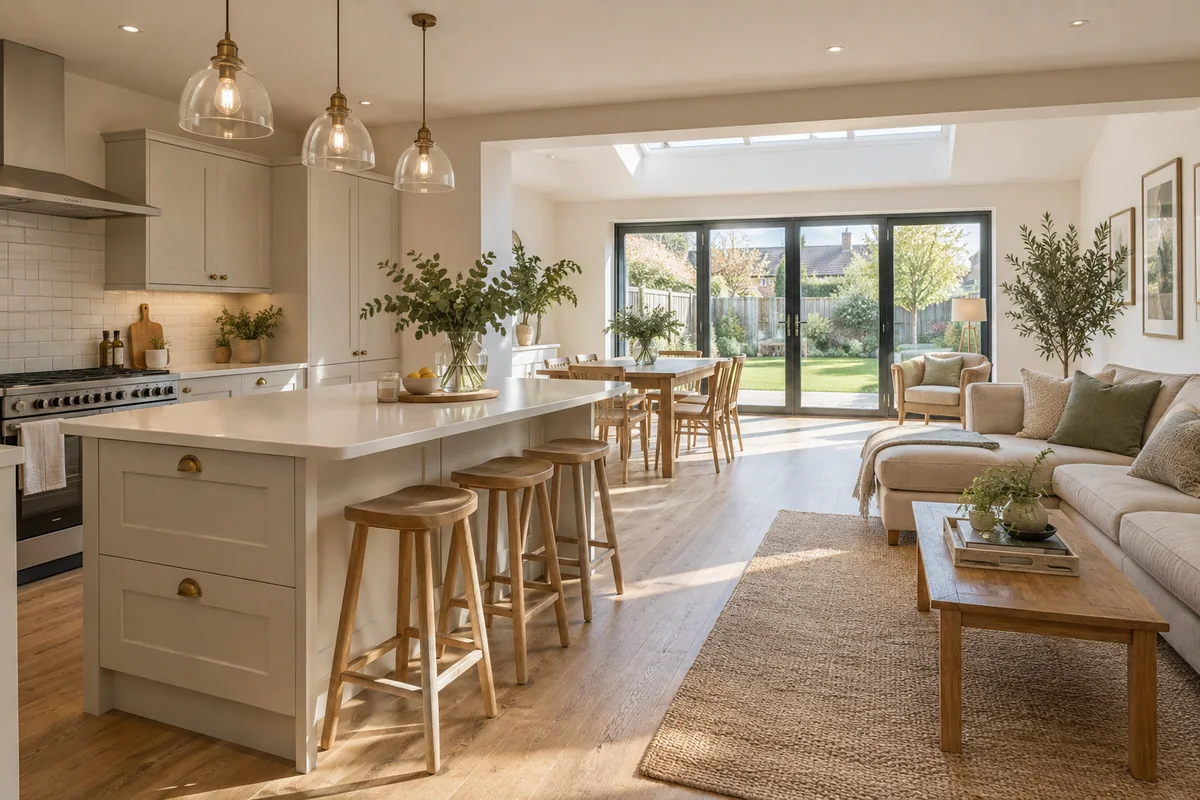 Illustrative refurbished kitchen and living area