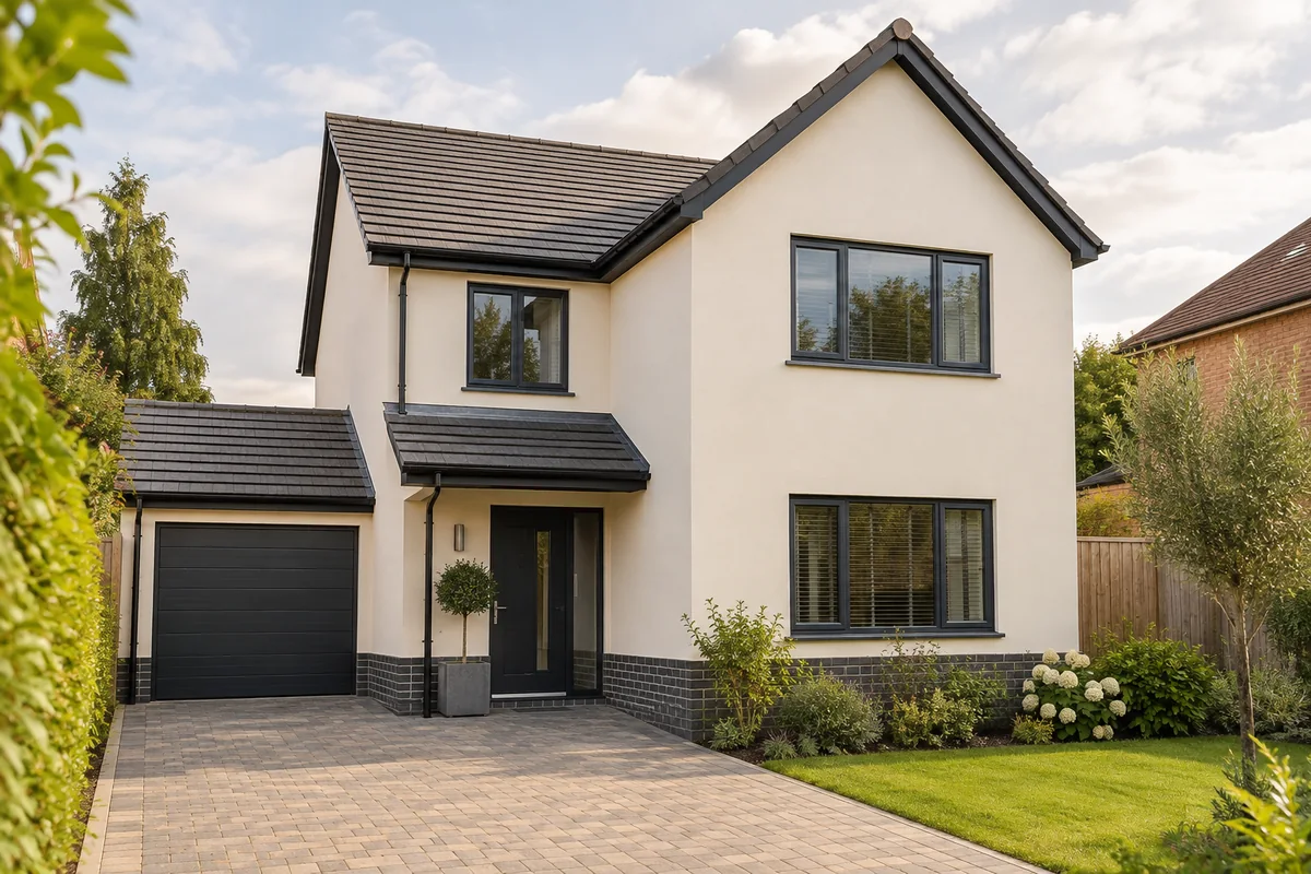 Illustrative house with off-white external render and charcoal windows